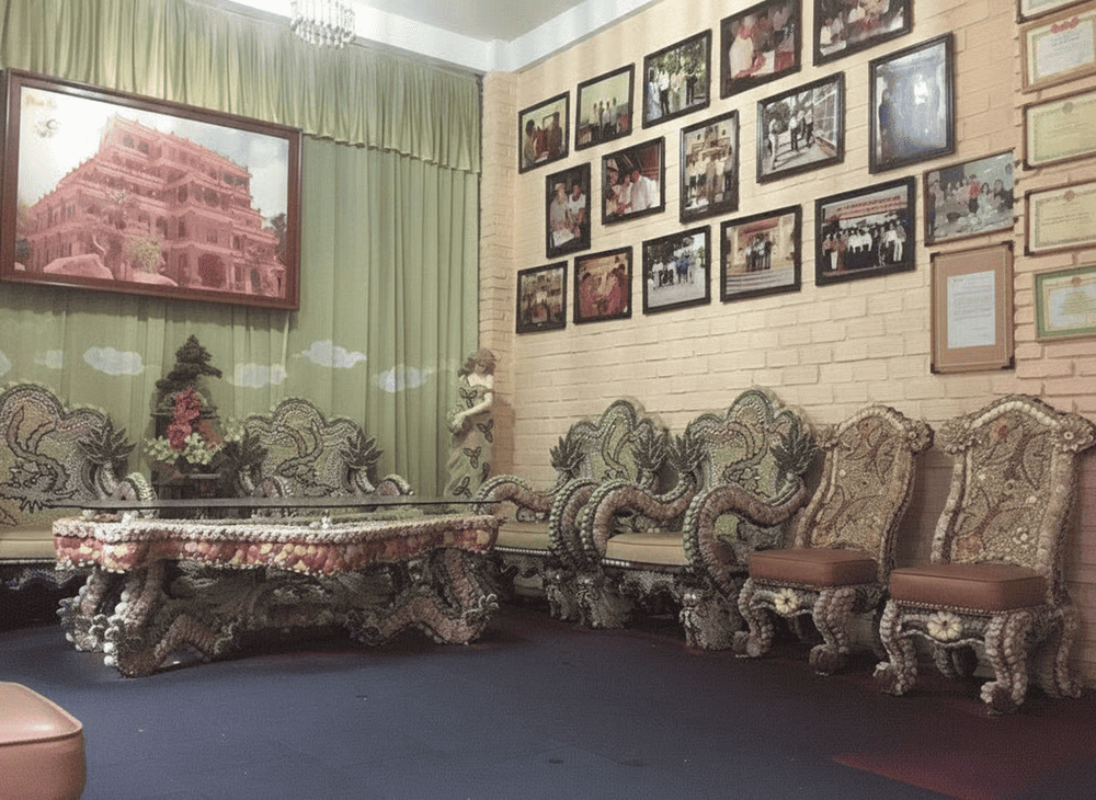 Art display room with seashell furniture and historical photos on the wall showcases the history of the museum&rsquo;s development